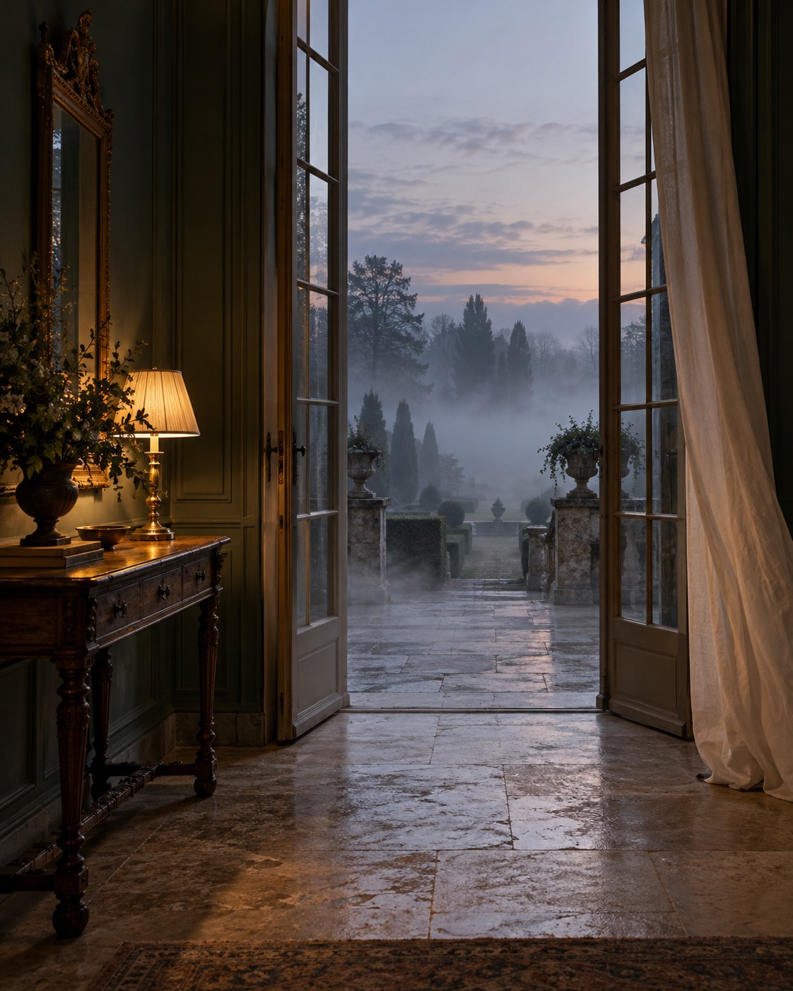 A lamplit estate passage with French doors opening onto a garden veiled in evening fog